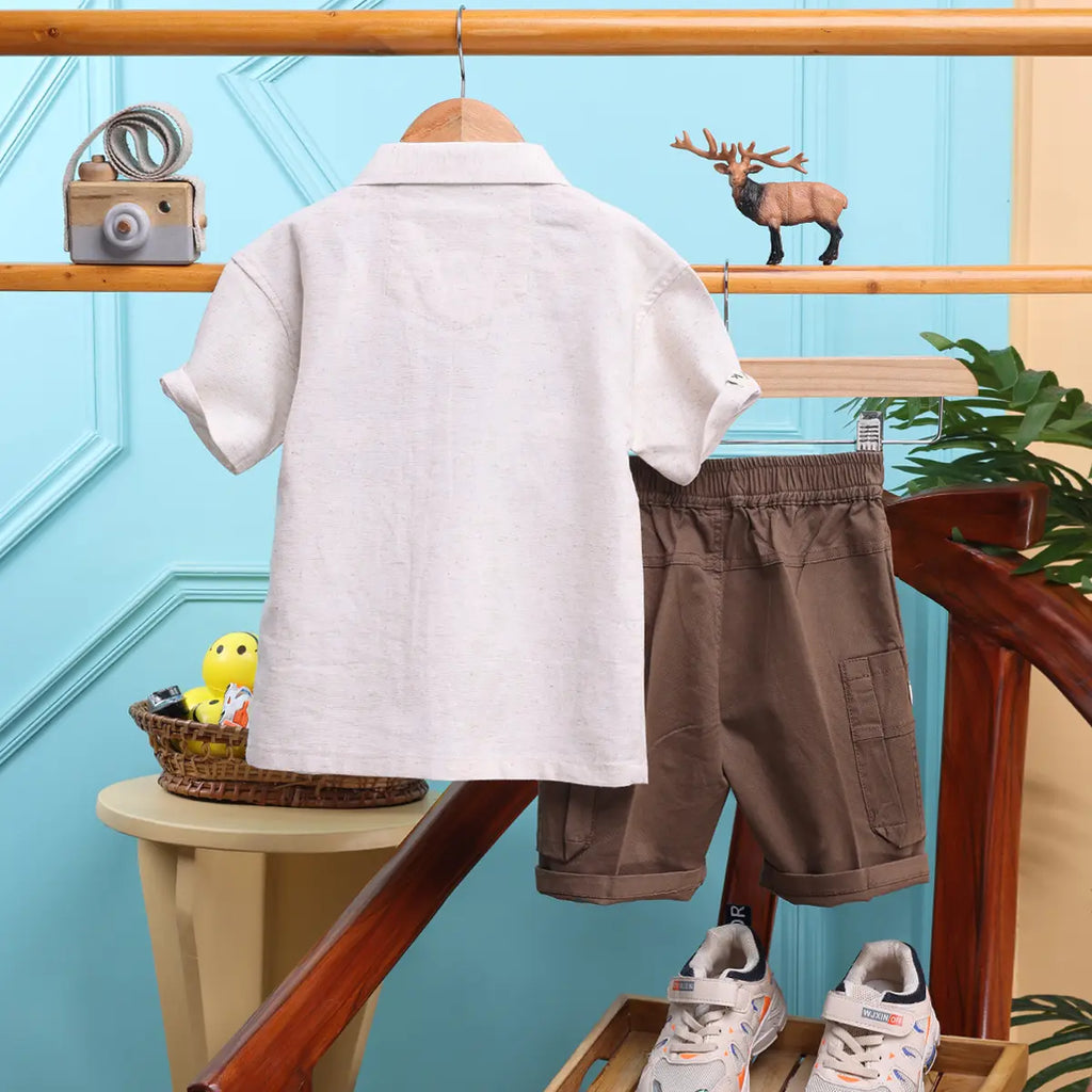Boys Embroidered Short Sleeve Shirt With Brown Shorts Sets 2 pc. Sets