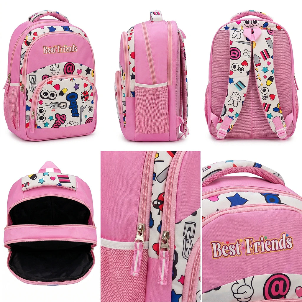 Girls Pink Emoji Print Polyester School Backpack Trending Accessories