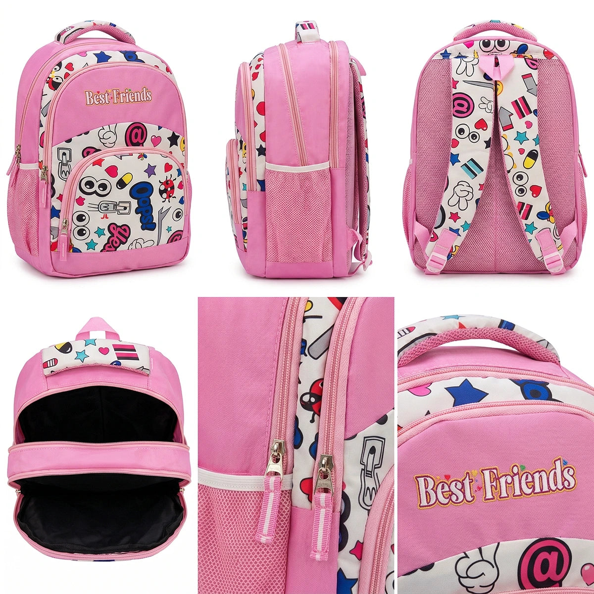 Girls Pink Emoji Print Polyester School Backpack Trending Accessories