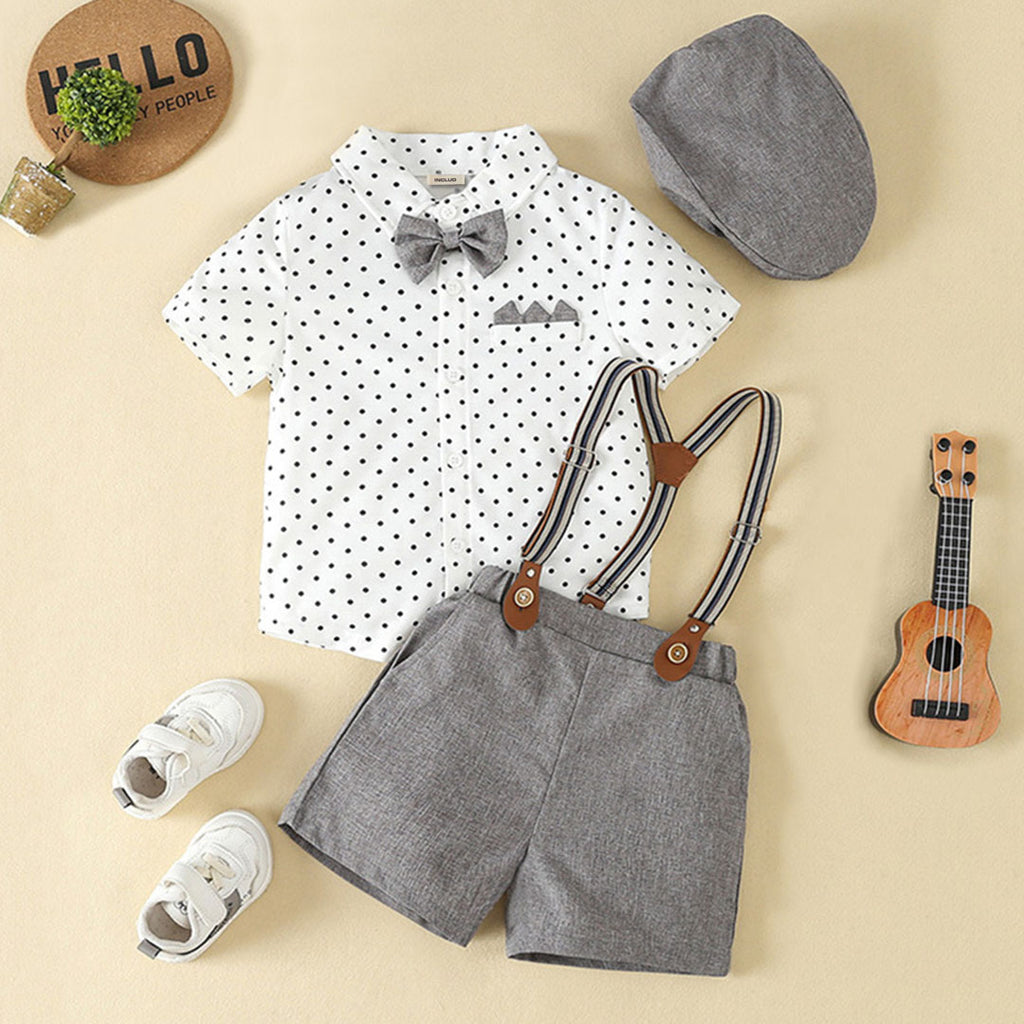 Boys White Polka Dot Printed Shirt With Elasticated Suspender Shorts Set 2 pc. Sets White 1-2 Y