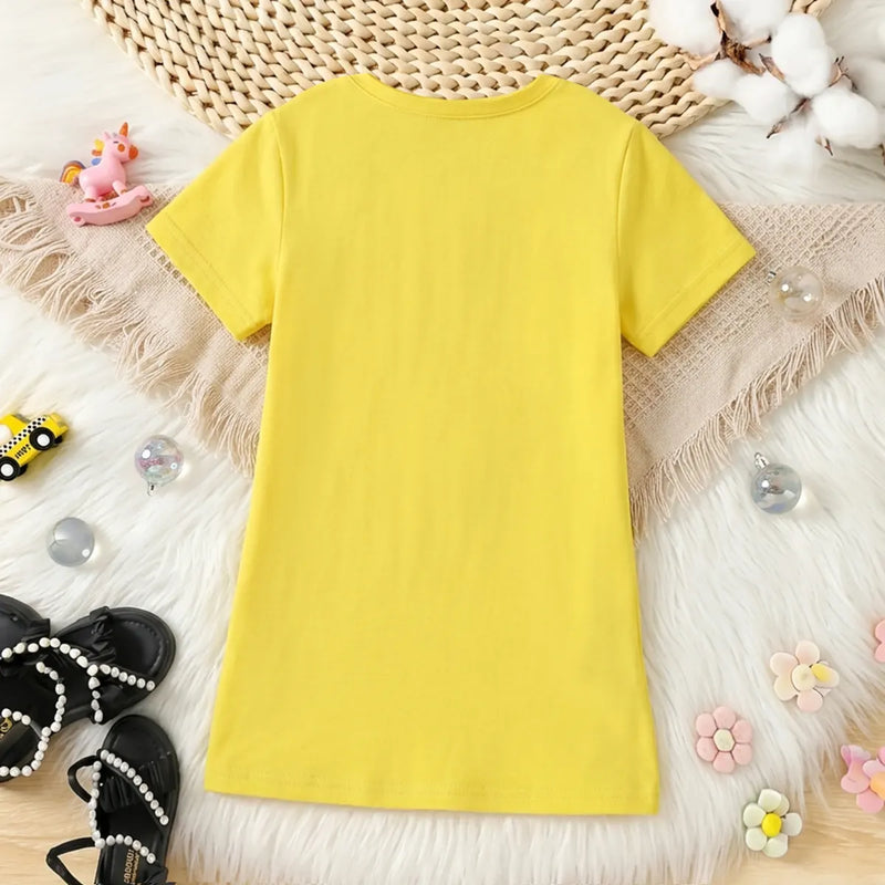 Girls Yellow Cat Graphic Short Sleeve T-Shirt Dress Casual Dresses