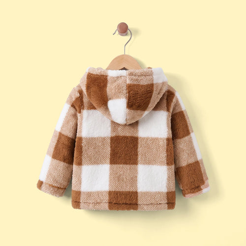 Girls Brown Checked Long Sleeve Hooded Jacket Coats & Jackets
