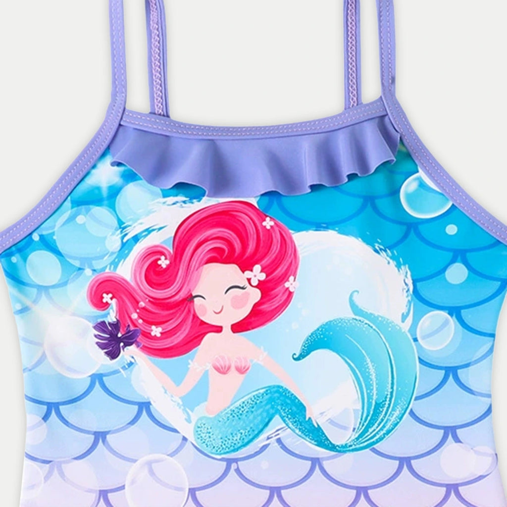 Girls Blue Mermaid Print Swimwear Bodysuit Beachwear