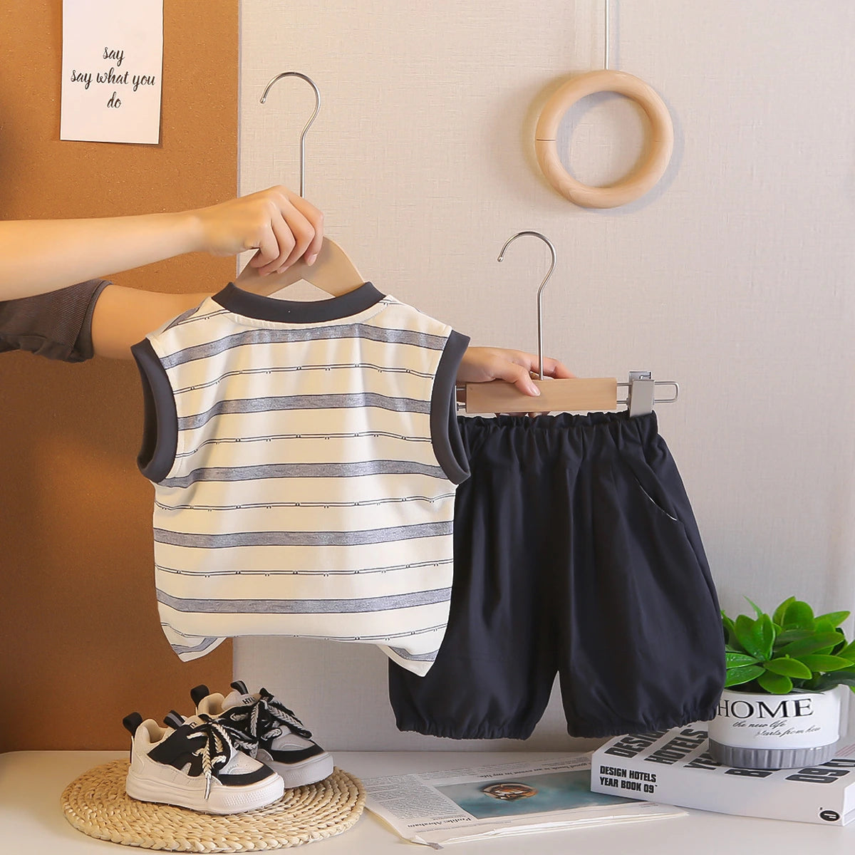 Boys Beige Animal Striped Sleeveless T-Shirt With Elasticated Shorts Sets 2 pc. Sets
