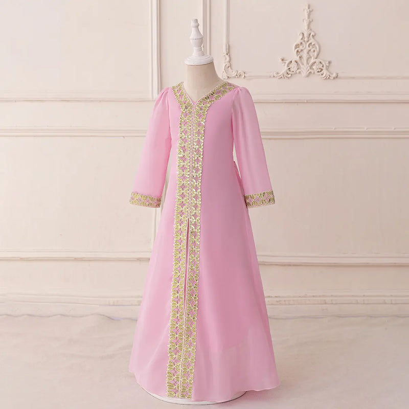 Girls Pink Embroidered A-Line Maxi Dress With V-neckline Casual Dresses