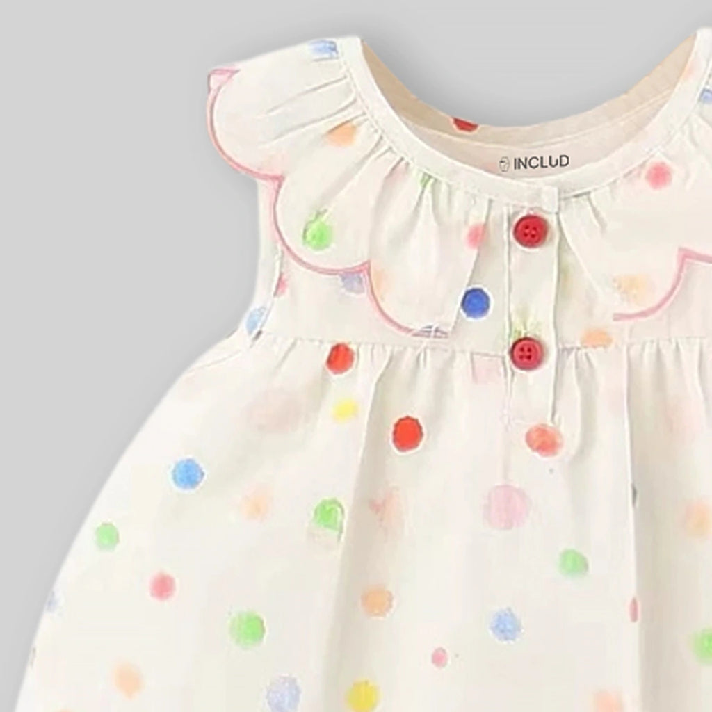 Girls Off White Polka Dot Printed Ruffle Collar A-Line Dress Casual Dresses