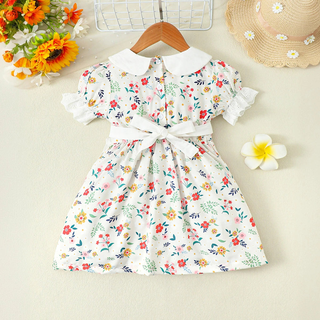 Girls White Floral Print Puff Sleeve A-Line Dress Casual Dresses