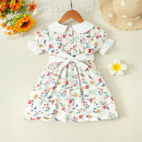 Girls White Floral Print Puff Sleeve A-Line Dress Casual Dresses