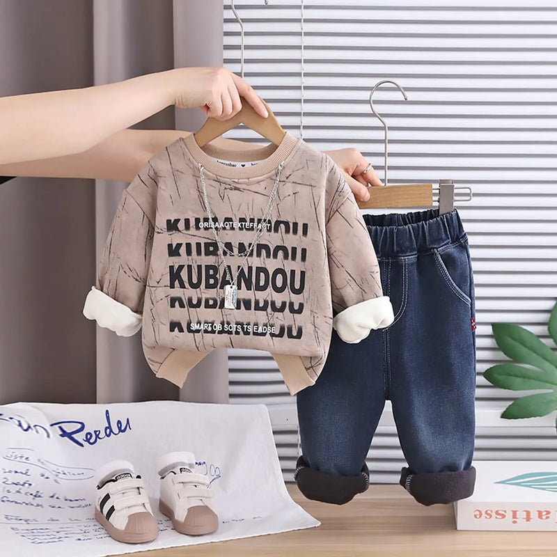 Boys Khaki Typographic Printed Sweatshirt With Denim Pants Set Sets Khaki 1-2 Y