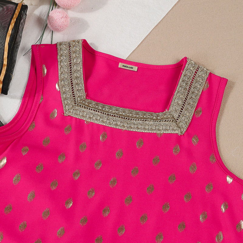 Girls Fuchsia Embroidered A-line Dress with Sheer Long Shrug Casual Dresses