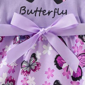 Girls Lavender Butterfly Print Flutter Sleeve Fit & Flare Dress Casual Dresses