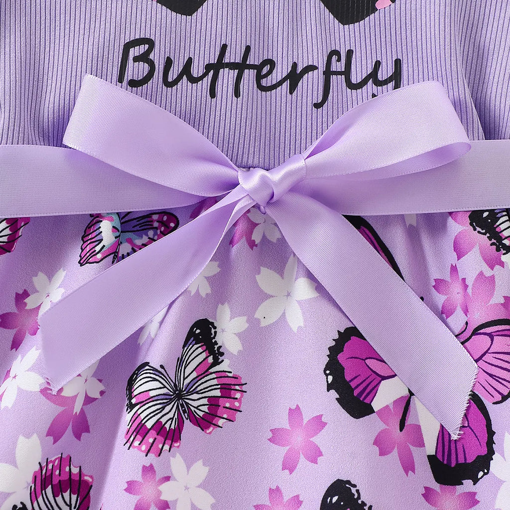 Girls Lavender Butterfly Print Flutter Sleeve Fit & Flare Dress Casual Dresses