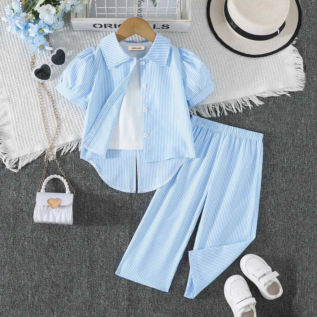 Girls Light Blue Stripes High-low Hem Top With Pants Co-ord Sets Sets Light Blue 2-3 Y