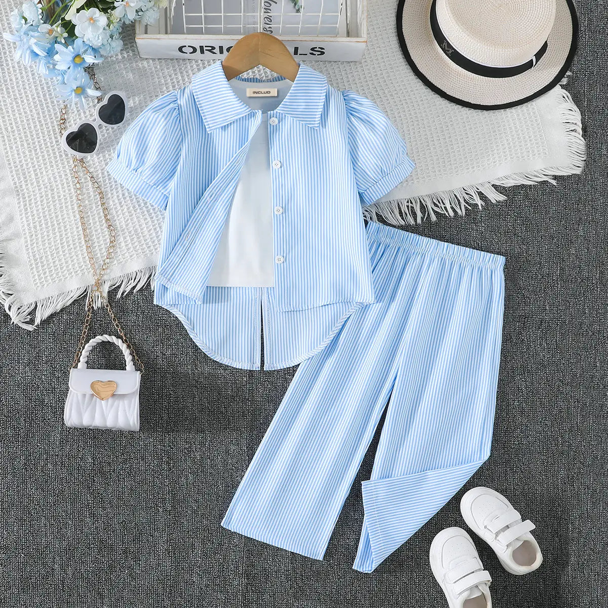 Girls Light Blue Stripes High-low Hem Top With Pants Co-ord Sets Sets Light Blue 2-3 Y