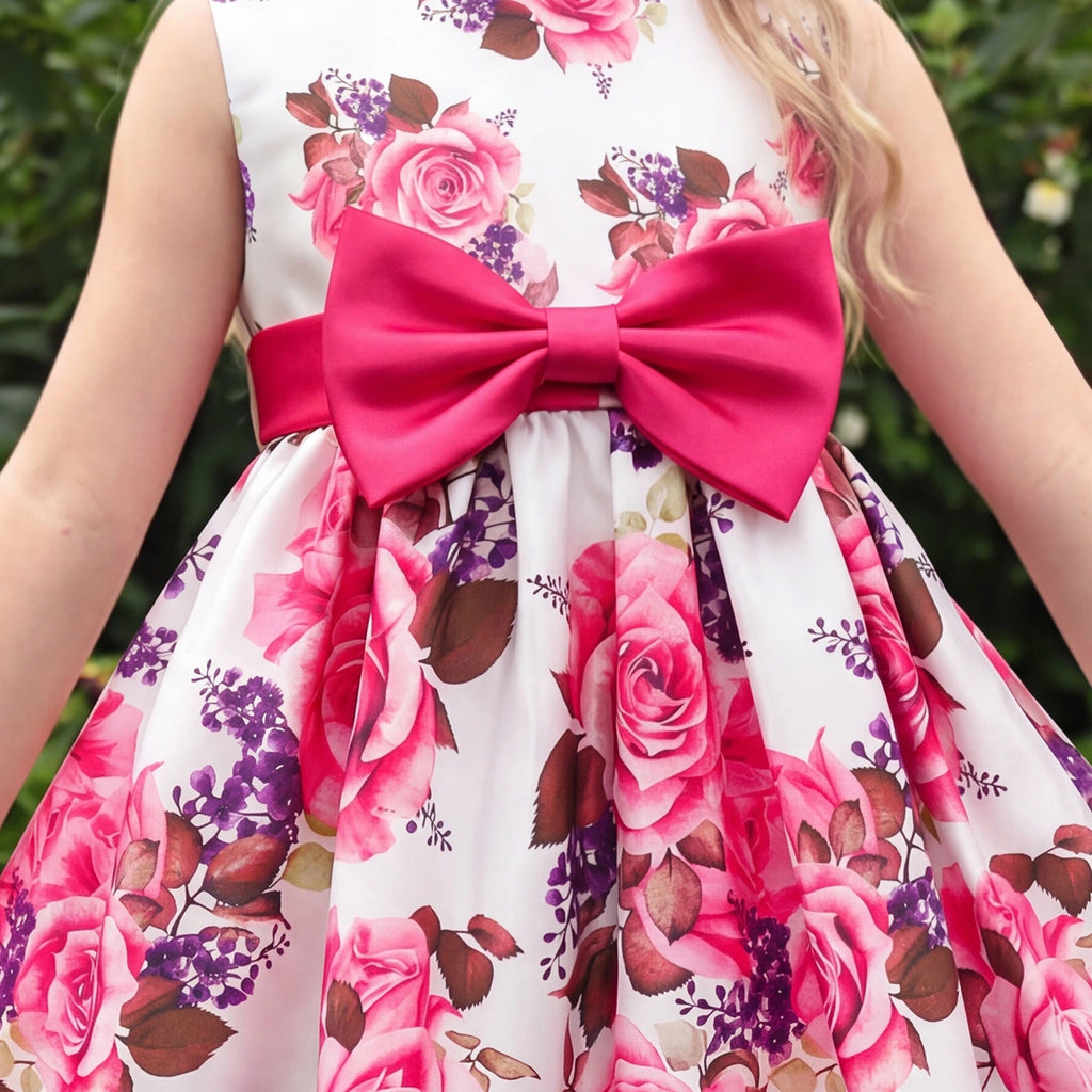 Girls Pink Floral Printed Sleeveless Fit & Flare Dress With Bow Detail Casual Dresses