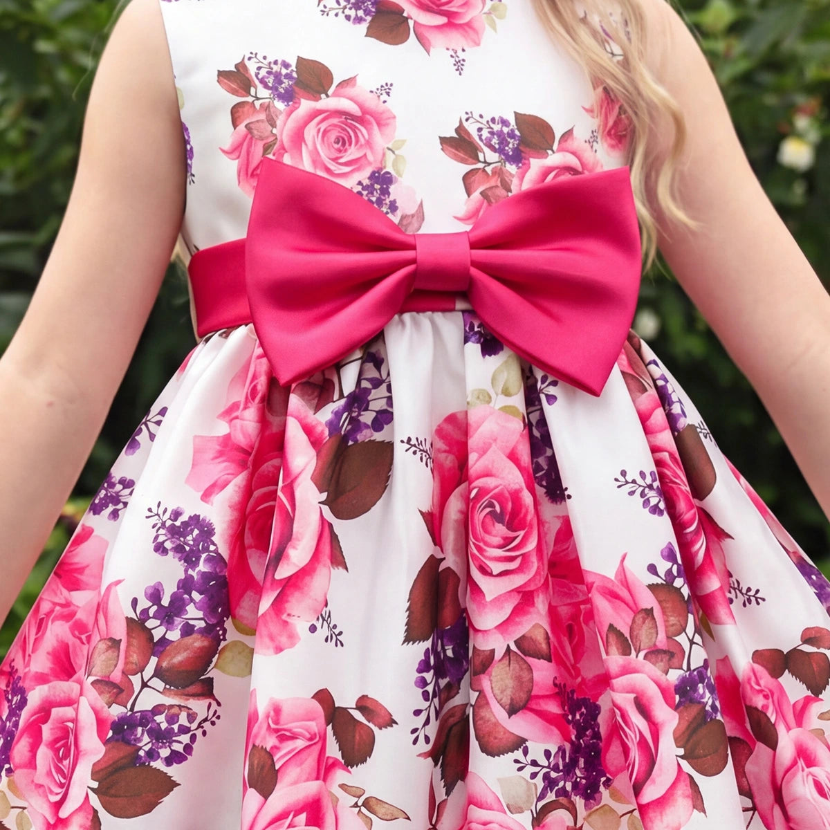 Girls Pink Floral Printed Sleeveless Fit & Flare Dress With Bow Detail Casual Dresses
