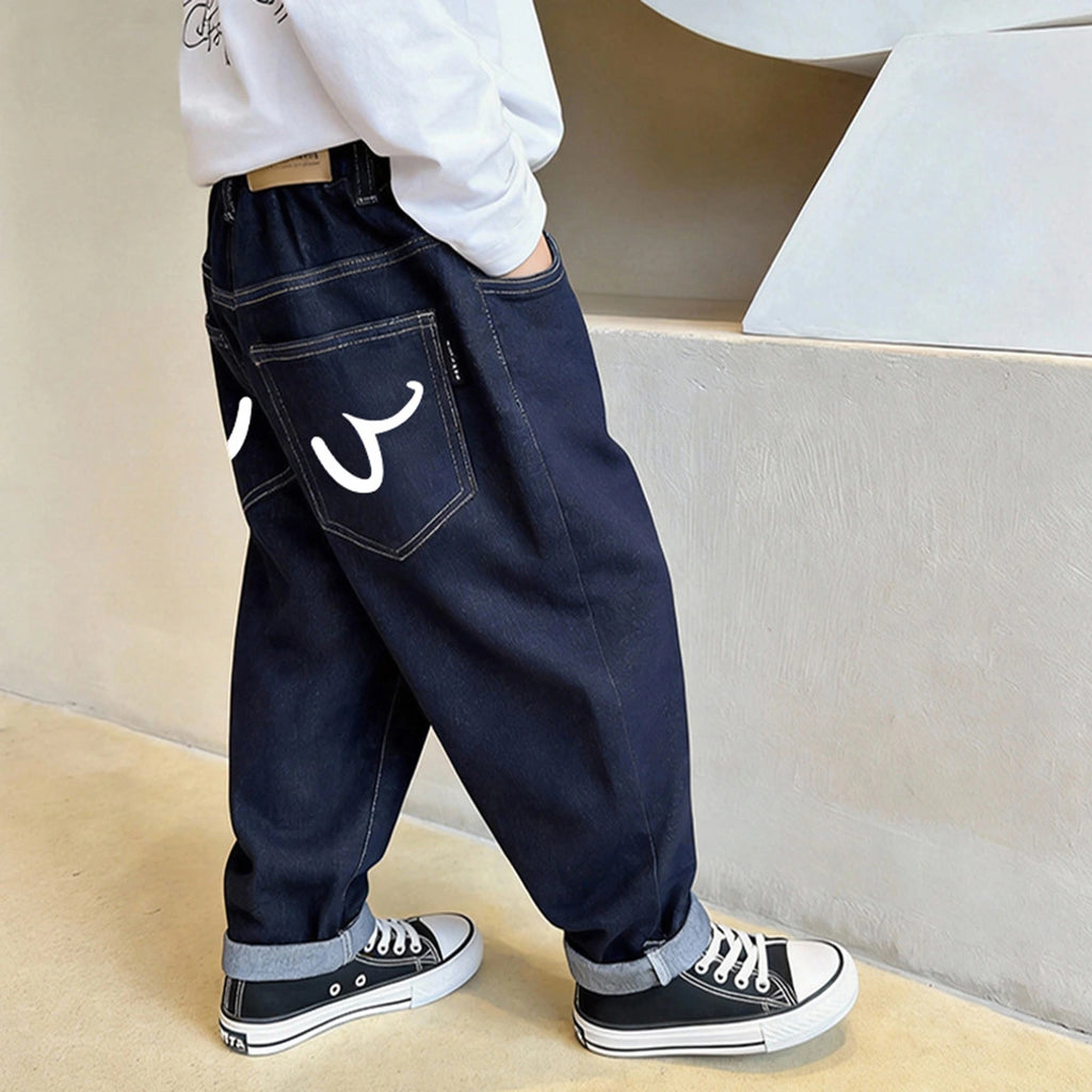 Boys Dark Blue Graphic Elasticated Denim Pants Pants