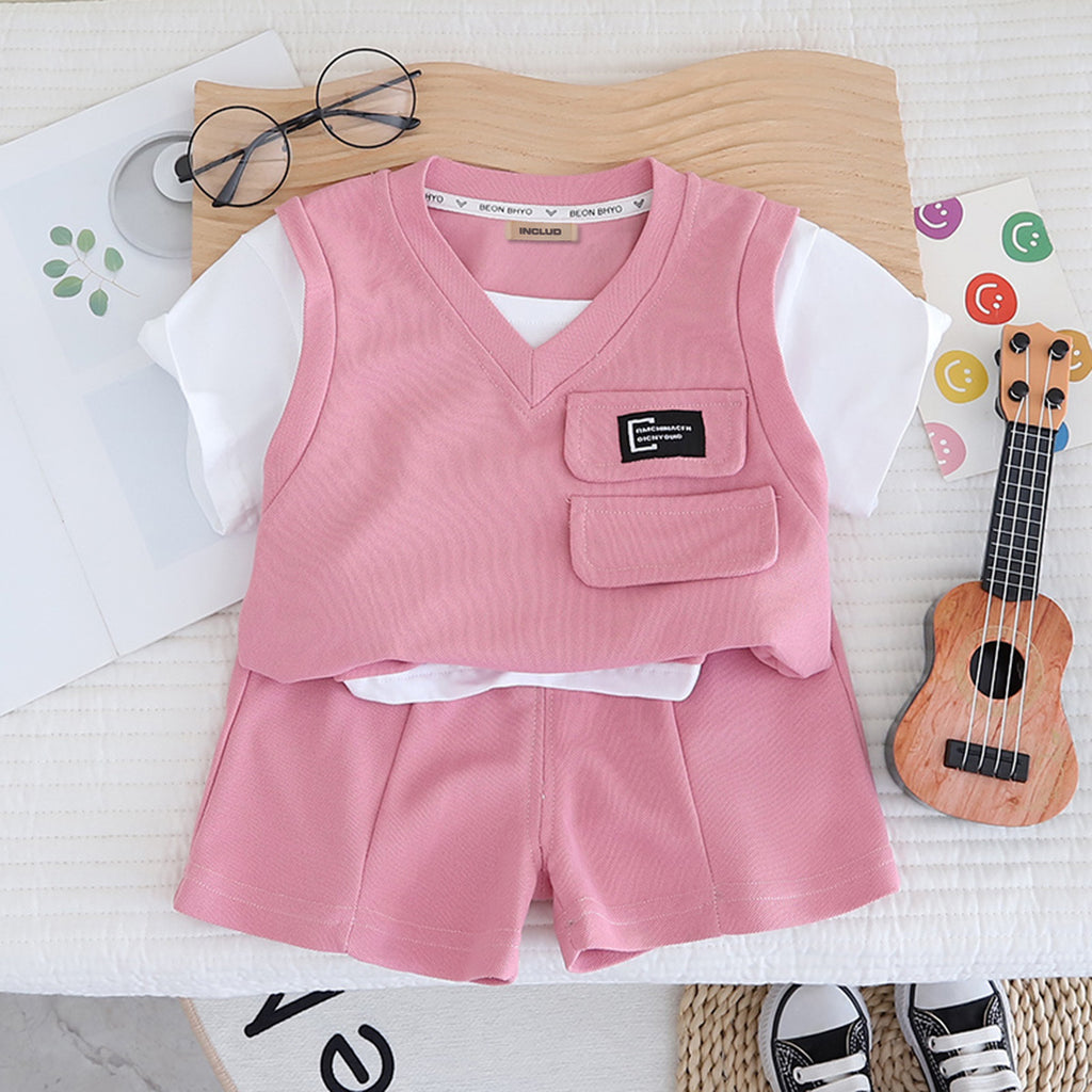 Boys Pink V-Neck Short Sleeve T-Shirt With Elasticated Shorts Set Sets