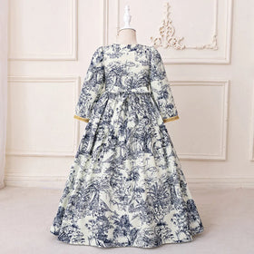 Girls Blue Tropical Printed Fit & Flare Dress With Long Sleeves Casual Dresses