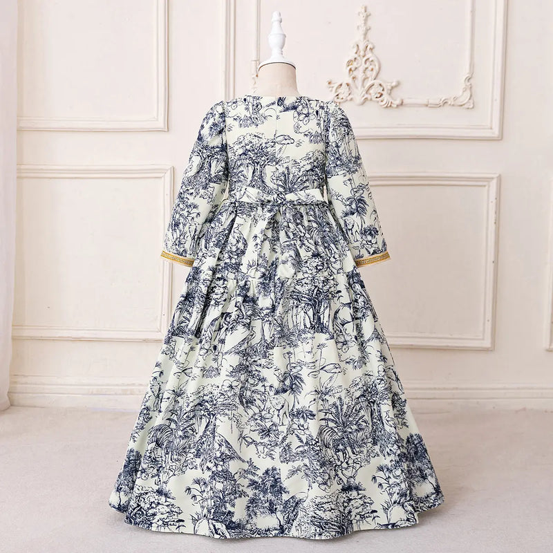 Girls Blue Tropical Printed Fit & Flare Dress With Long Sleeves Casual Dresses