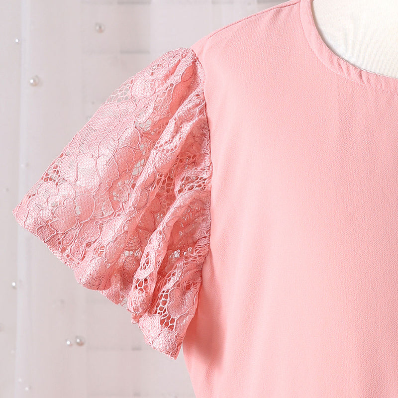 Girls Peach Solid Laced Short Sleeves Drop Waist Dress Casual Dresses