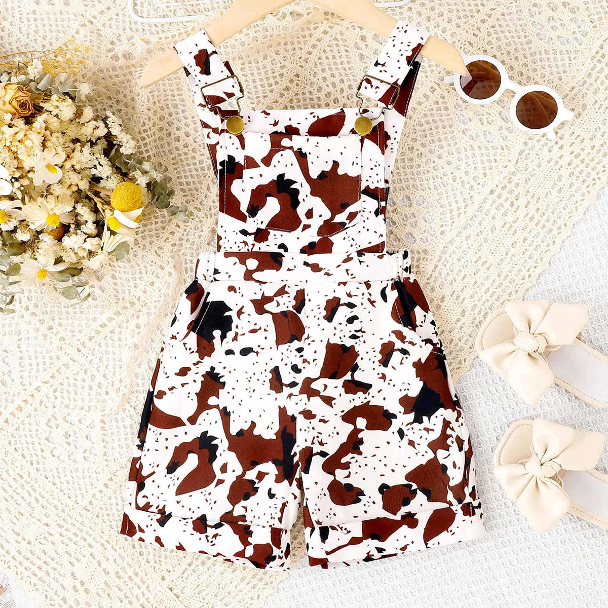 Girls Brown Animal Print Adjustable Strap Dungaree Jumpsuits Brown 1-2 Y