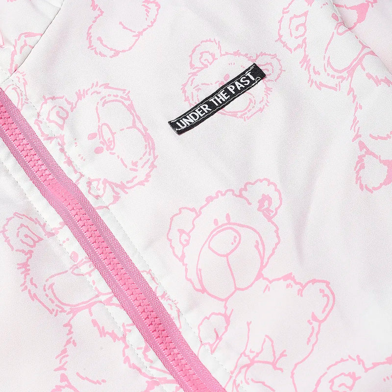 Girls Pink Bear Printed Reversible Hooded Zipper Jacket Coats & Jackets
