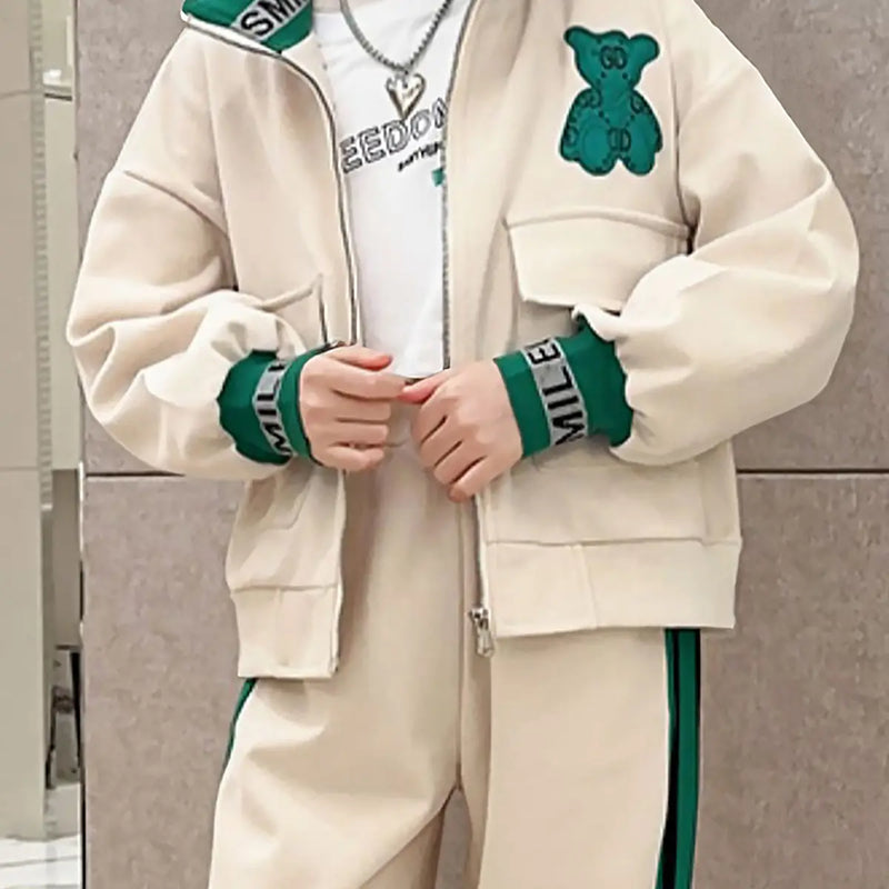 Girls Beige Bear Embroidered Zipper Jacket With Jogger Co-ord Sets Sets