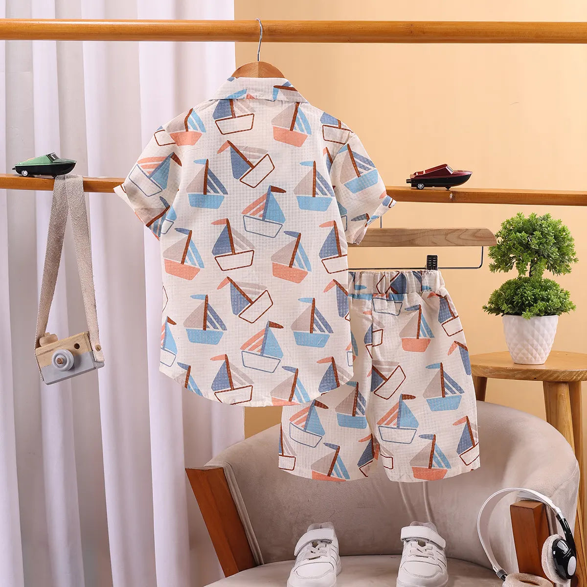 Boys Blue Boat Graphics Short Sleeve Shirt With Elasticated Shorts Sets 2 pc. Sets