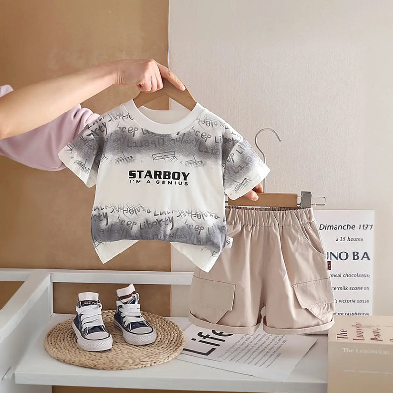 Boys Grey Typographic Print T-Shirt With Shorts Sets Sets Grey 1-2 Y