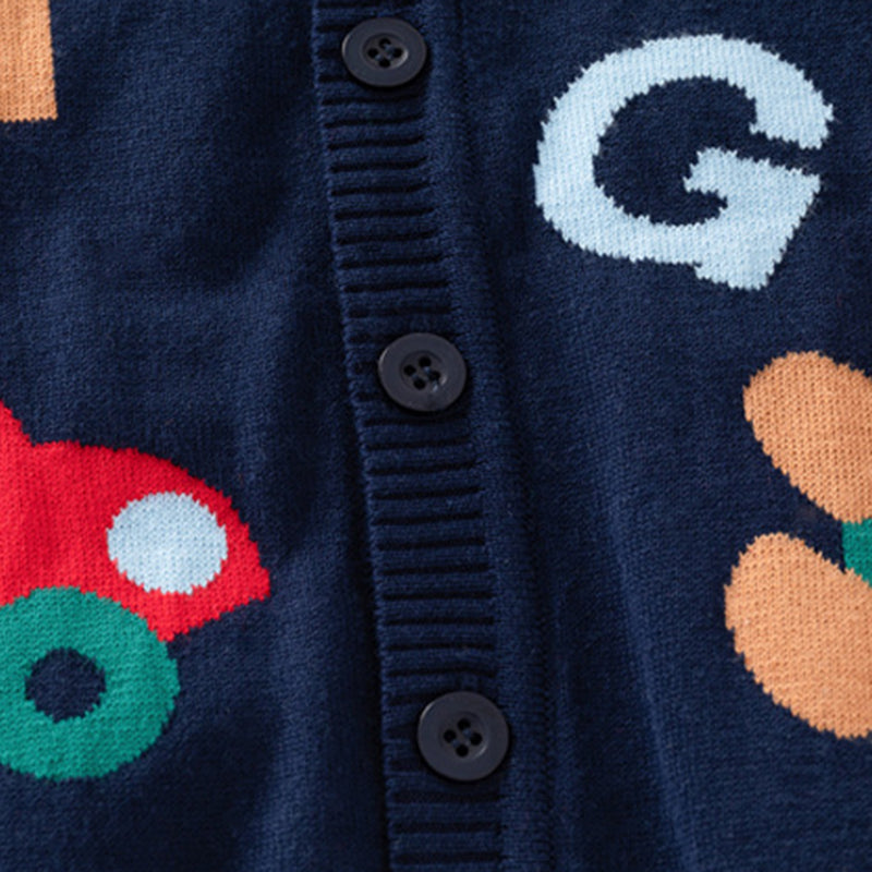 Boys Navy Blue Cardigan With Self Design Alphabet Patterns Sweaters & Cardigans