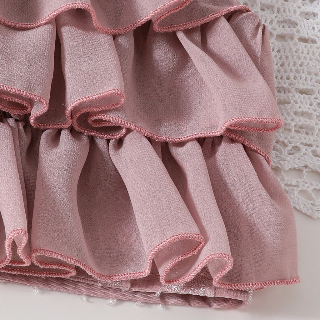 Girls Dusty Rose Self Stripes Ruffle Top With Skirts Set Sets