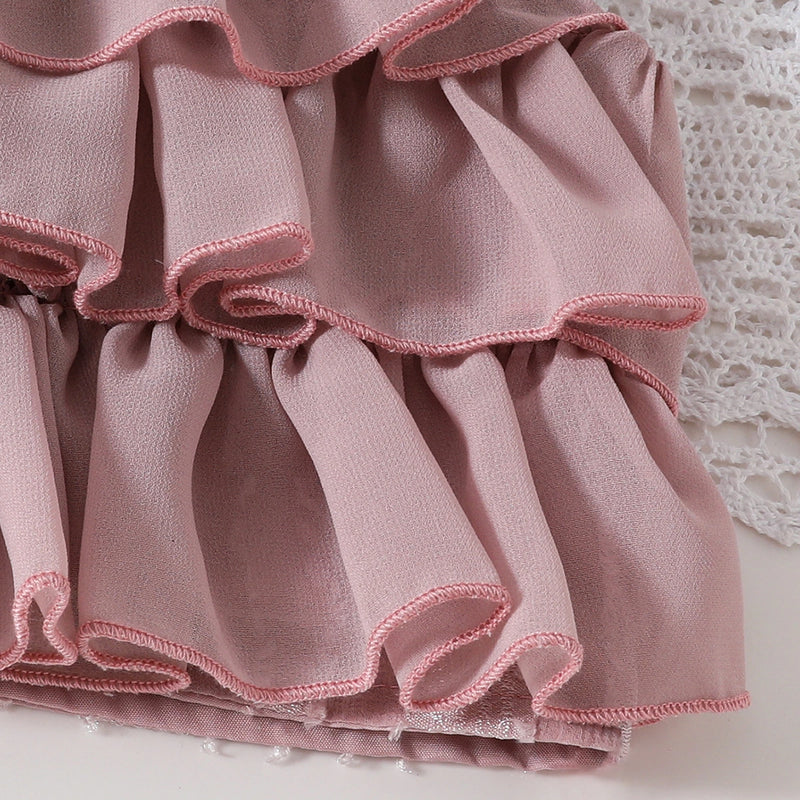 Girls Dusty Rose Self Stripes Ruffle Top With Skirts Set Sets
