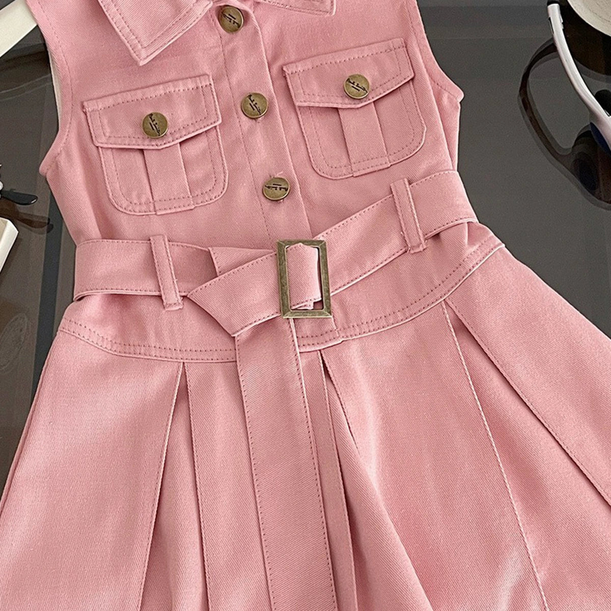 Girls Pink Sleeveless Belted Denim Shirt Dress Casual Dresses