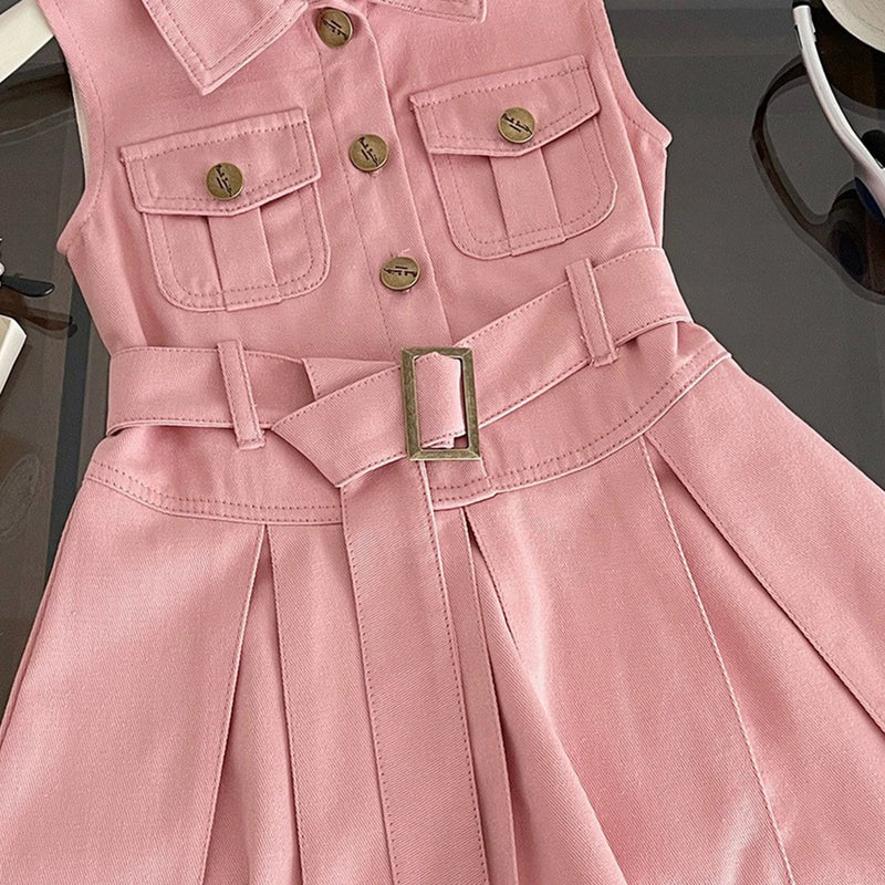 Girls Pink Sleeveless Belted Denim Shirt Dress Casual Dresses