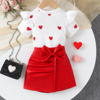 Girls Heart Print Flutter Sleeve Top With Red Faux Leather Shorts Sets 2 pc. Sets Red 2-3 Y