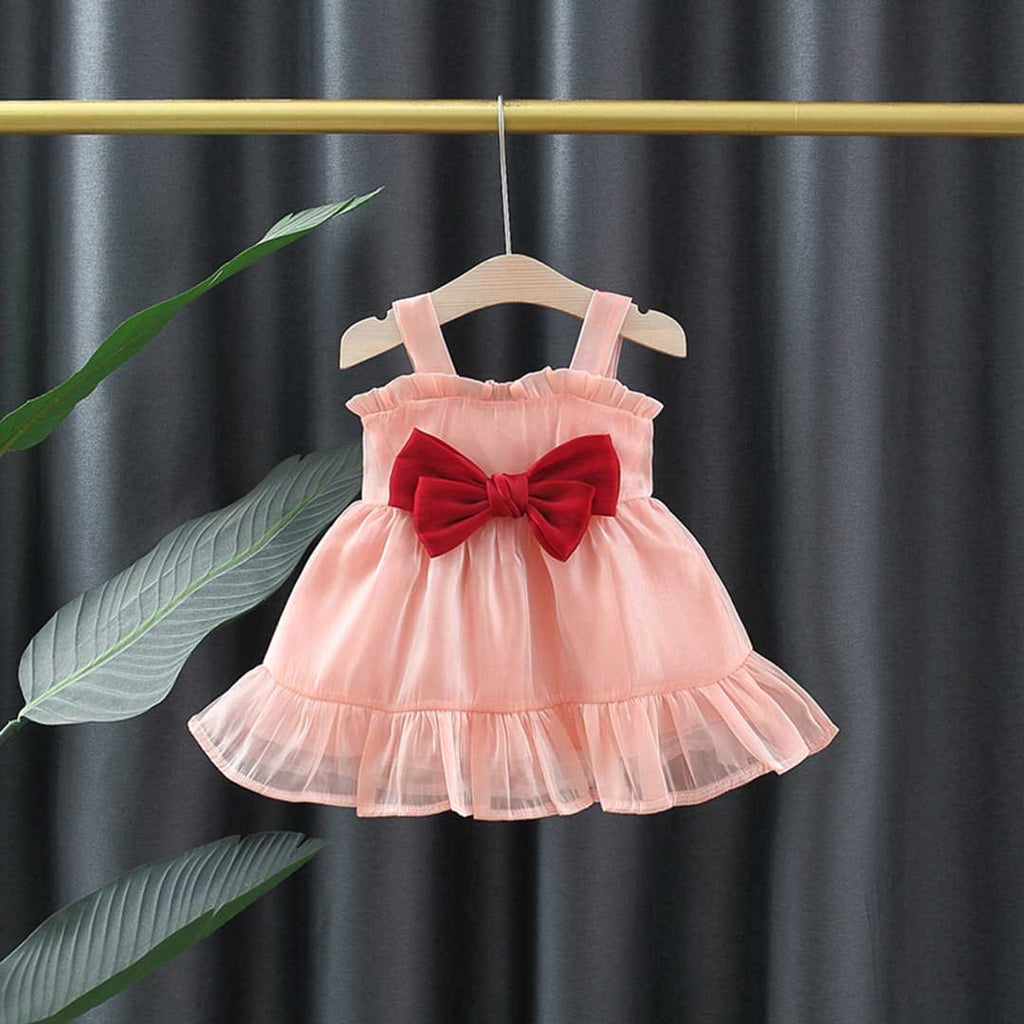 Girls Pink Gathered Party Dress with Statement Bow Party Dresses Pink 1-2 Y 