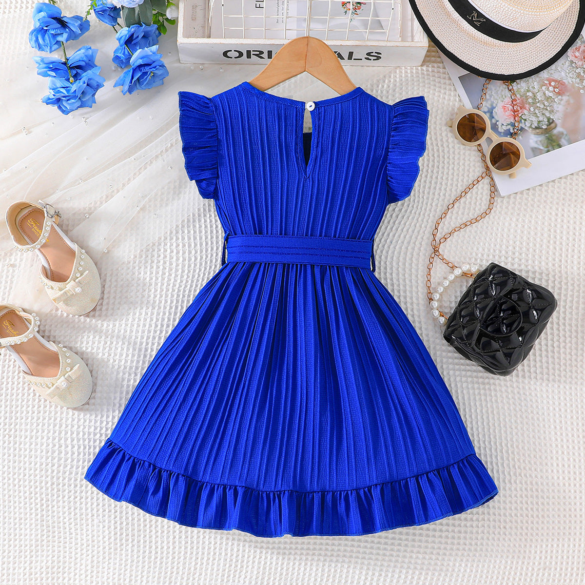 Girls Blue Flutter Sleeves Round Neck Dress Casual Dresses
