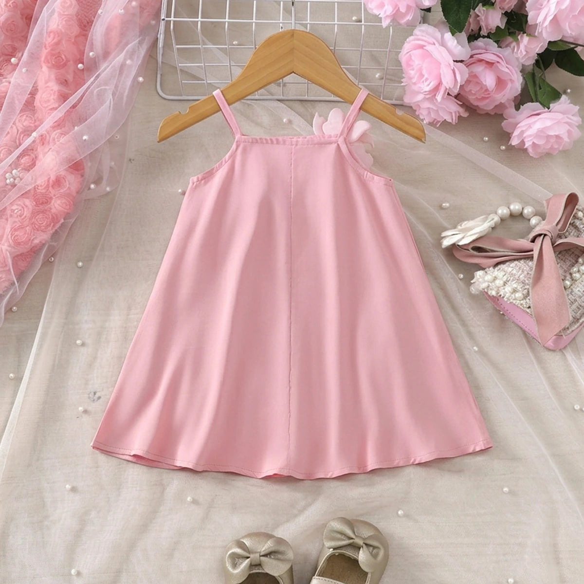 Girls Pink Sleeveless Floral Applique A-line Dress Casual Dresses