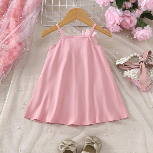 Girls Pink Sleeveless Floral Applique A-line Dress Casual Dresses