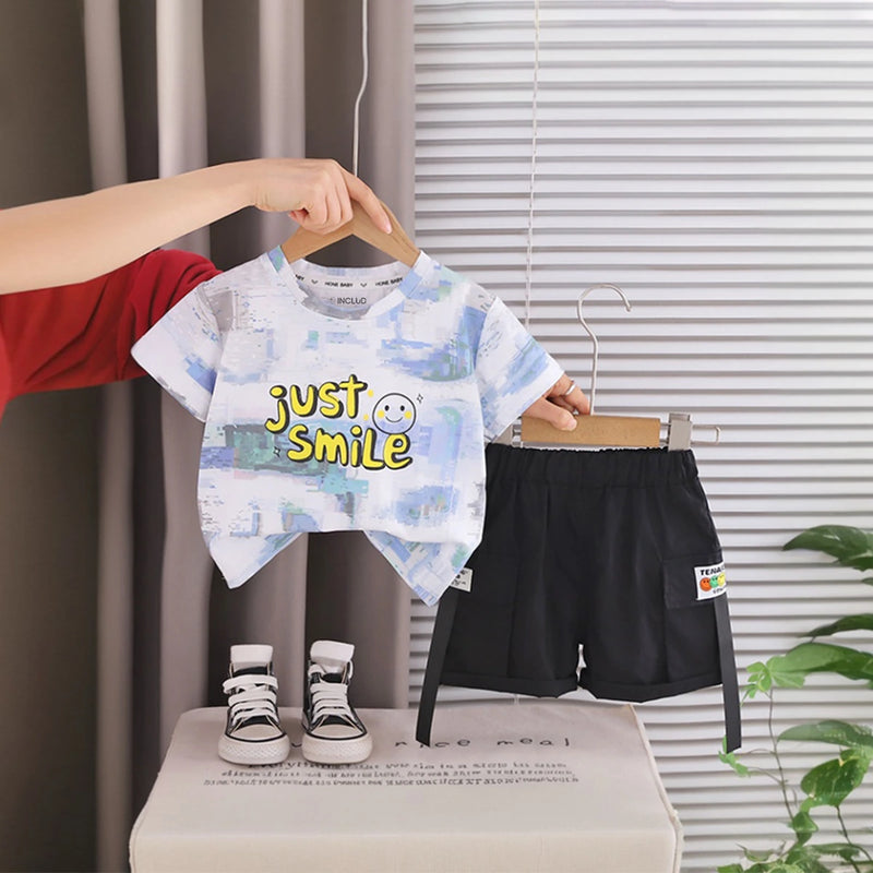 Boys Light Blue Smiley Printed Short Sleeve T-Shirt With Elasticated Shorts Sets 2 pc. Sets Light Blue 1-2 Y