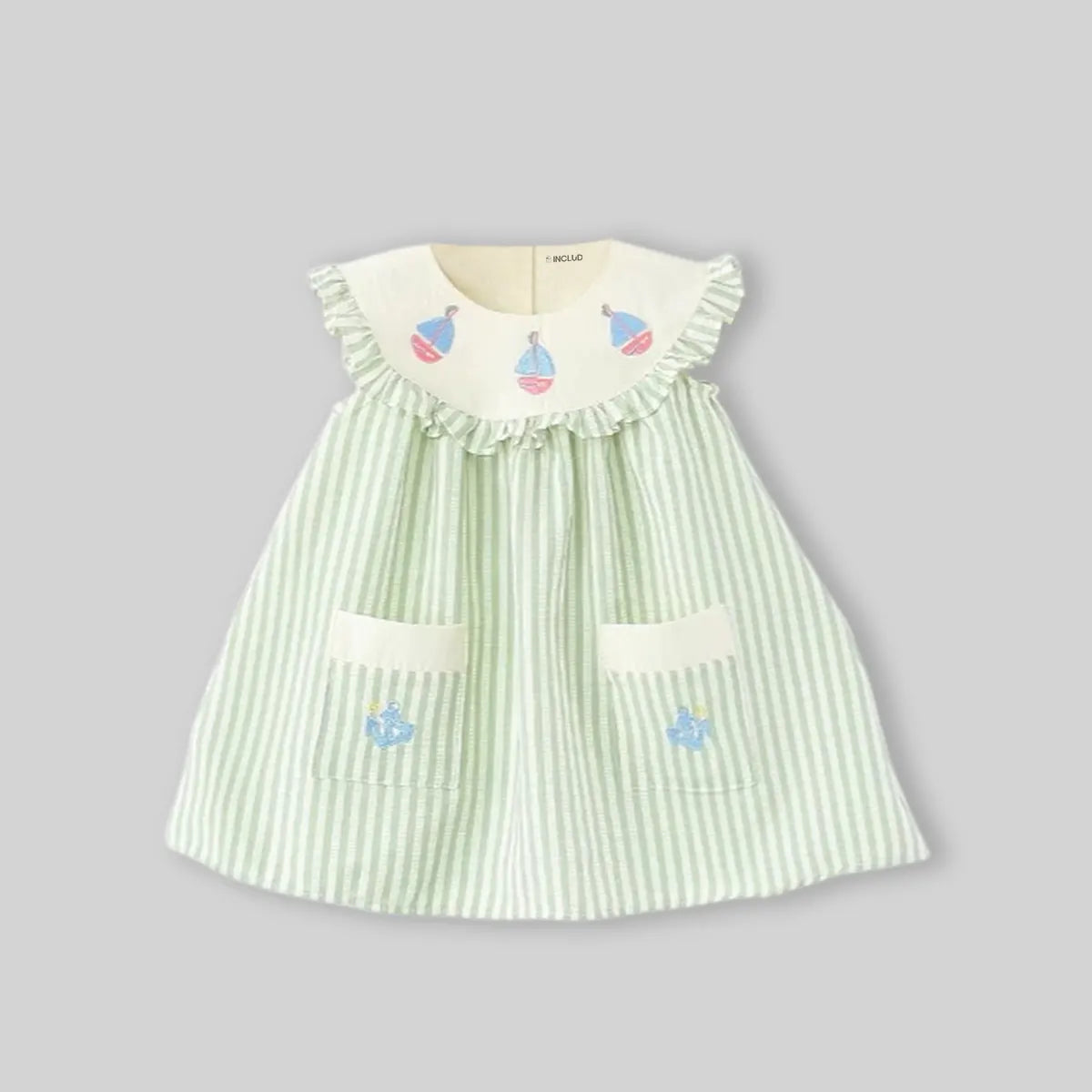 Girls Light Green Stripes Sleeveless A-line Dress With Seaboat Embroidery Casual Dresses