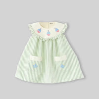 Girls Light Green Stripes Sleeveless A-line Dress With Seaboat Embroidery Casual Dresses