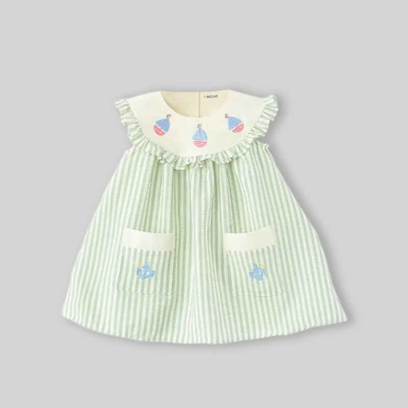 Girls Light Green Stripes Sleeveless A-line Dress With Seaboat Embroidery Casual Dresses
