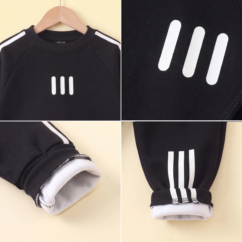 Boys Black Long-Sleeve Crewneck Sweatshirt & Elasticated Pants Sets With White Stripe 2 pc. Sets