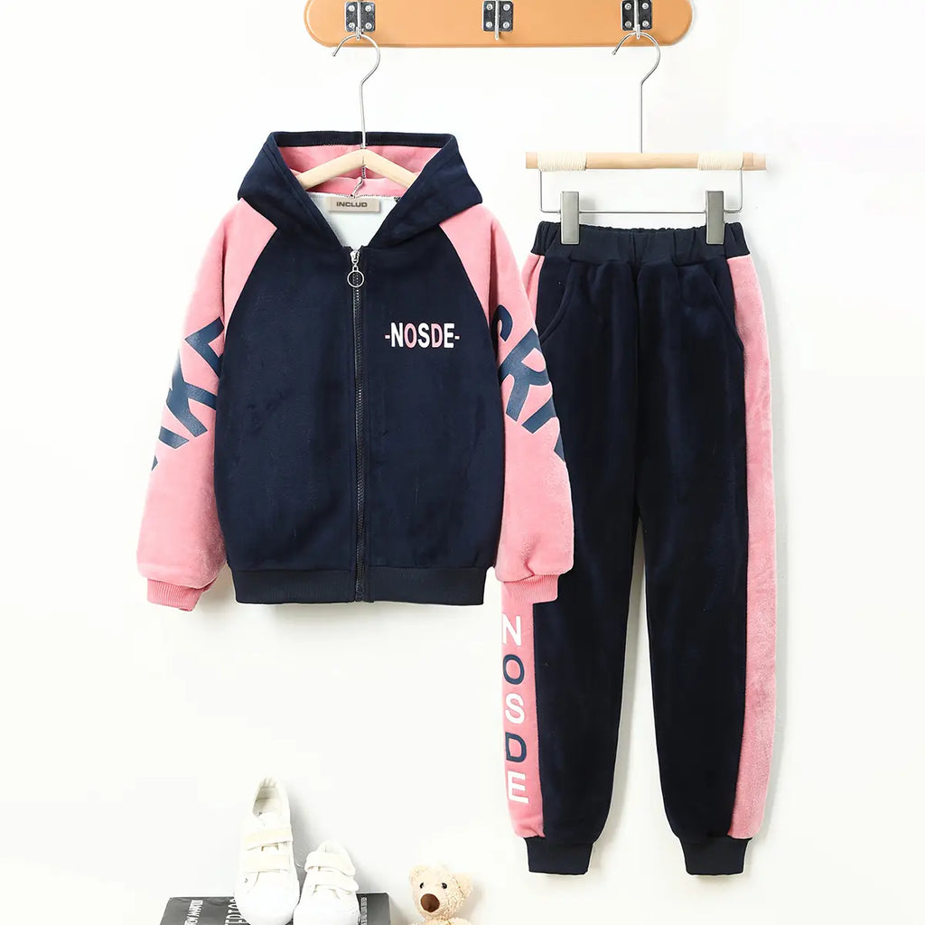Girls Navy Blue Typographic Printed Hooded Zipper Jacket With Jogger Sets Sets