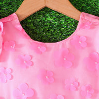 Girls Pink Flowers Applique Cap Sleeves Round Neck Dress Casual Dresses