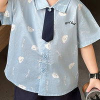 Boys Light Blue Bear Print Shirt With Shorts Sets Sets