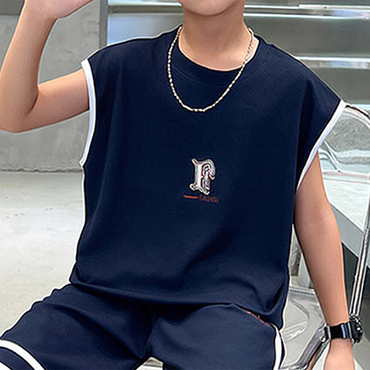 Boys Navy Blue Typographic Sleeveless T-Shirt With Elasticated Shorts Sets Sets