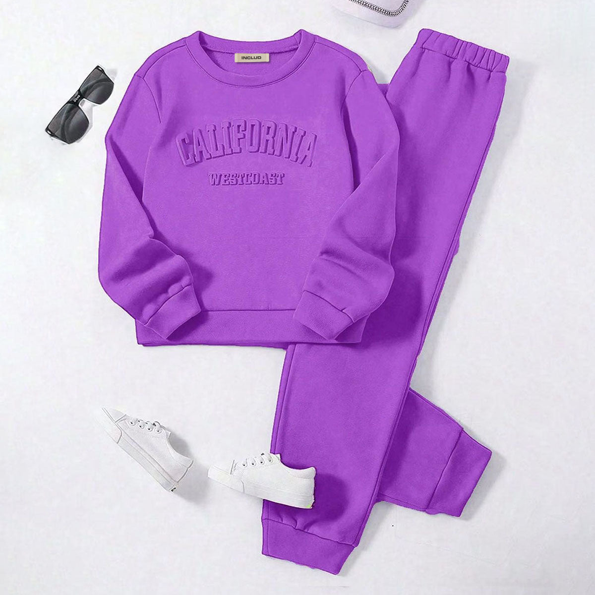Girls Puple Typography Print Sweatshirt With Pants Set 2 pc. Sets